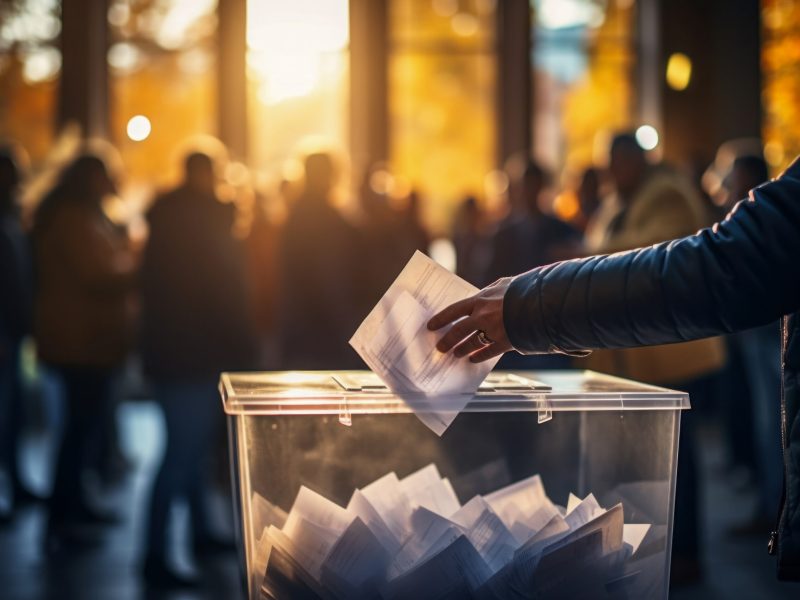 A man puts a ballot in a ballot box, close-up, voting and elections of candidates defending the rights of citizens and positive changes in the country, democratic reforms